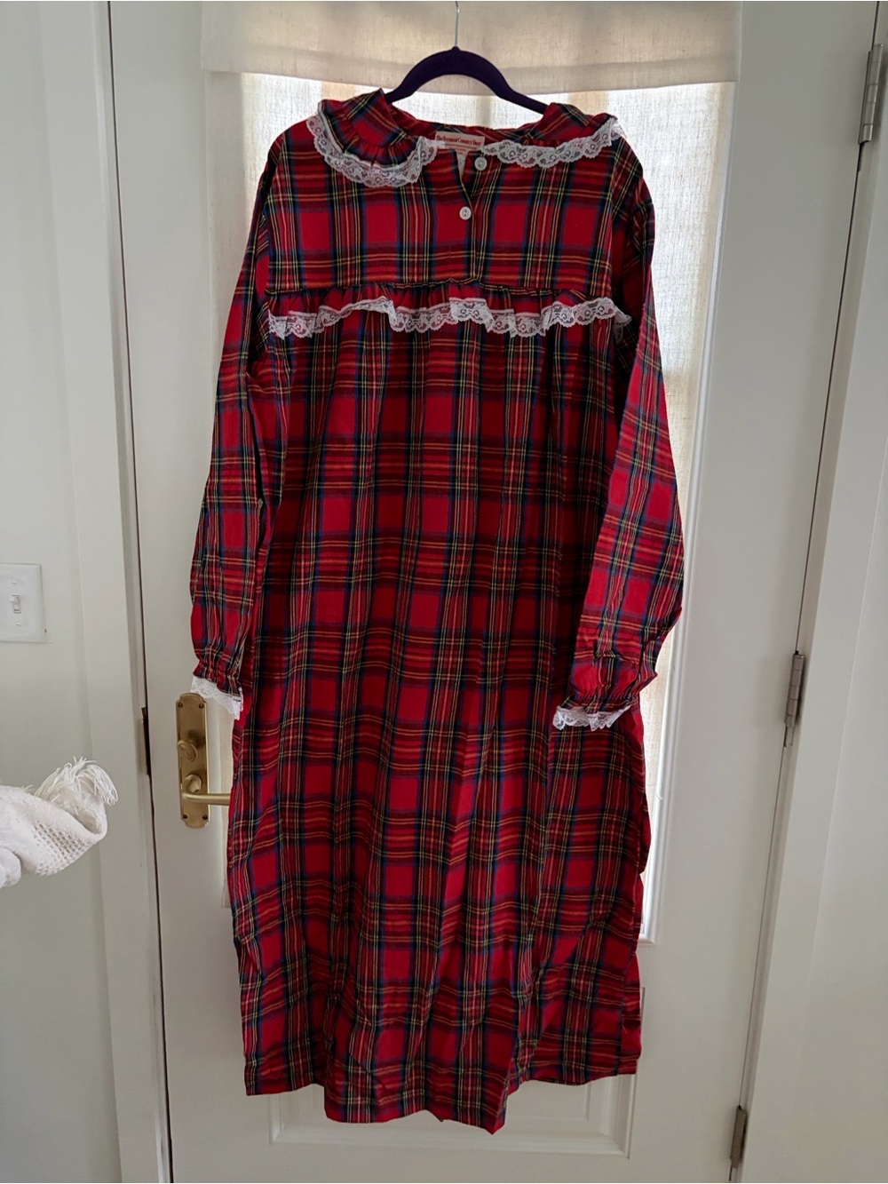 Red Plaid Long-Sleeve Nightgown with Lace Trim